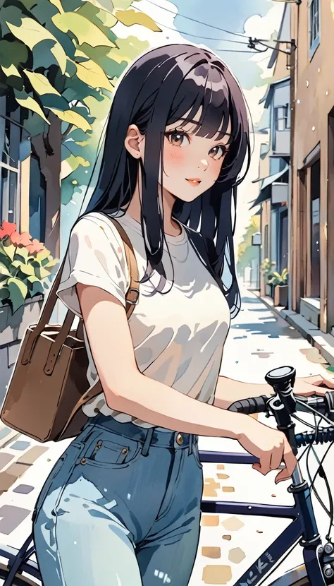 ((( paper cut style))),  1 girl, short black hair long hair ,  straight hair, Shirt and denim, bicycle