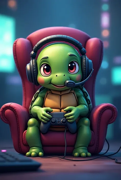 Tortuguita gamers cartoon type.  With a video game controller and headphones sitting on a chair 