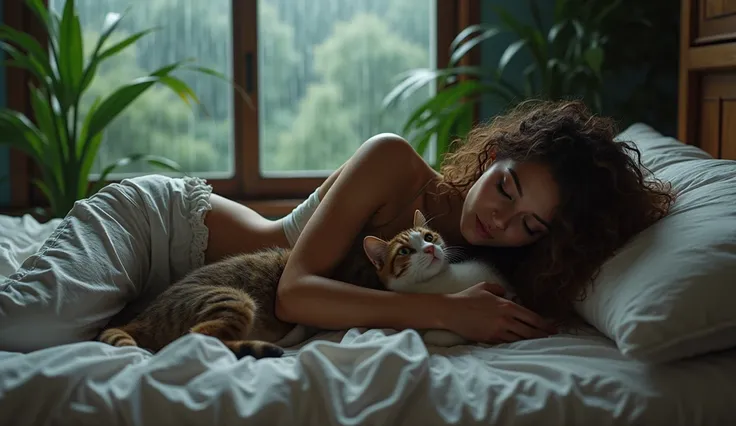 beautiful woman, sleep on bed, hug cat, wearing loose off-shoulder top, pajama pants, long curly hair, indoors, plants in background, big window with rain, cozy room, relaxed pose, realistic, intricate details, dark colors, by Greg Rutkowski, by Alphonse M...