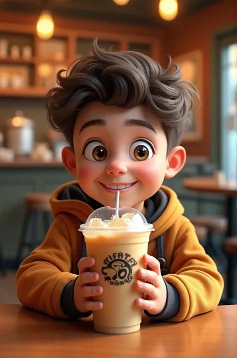 a young boy is drinking iced coffee with the logo on his cup TC saying "COFFEE FRIENDS"