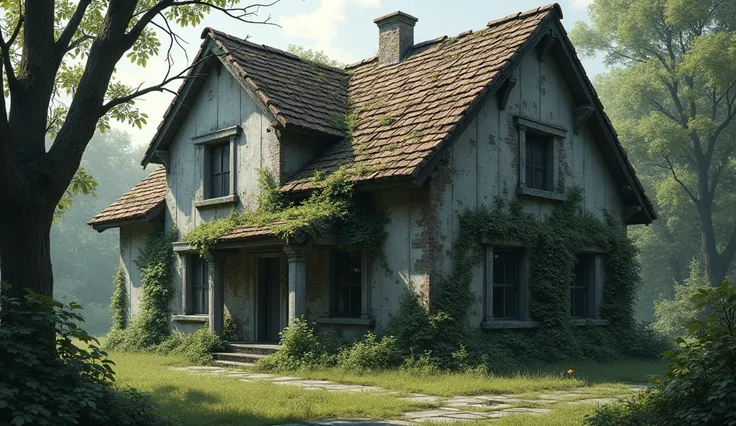 A symbol of an old, gray house (perhaps with a dilapidated roof and overgrown with trees