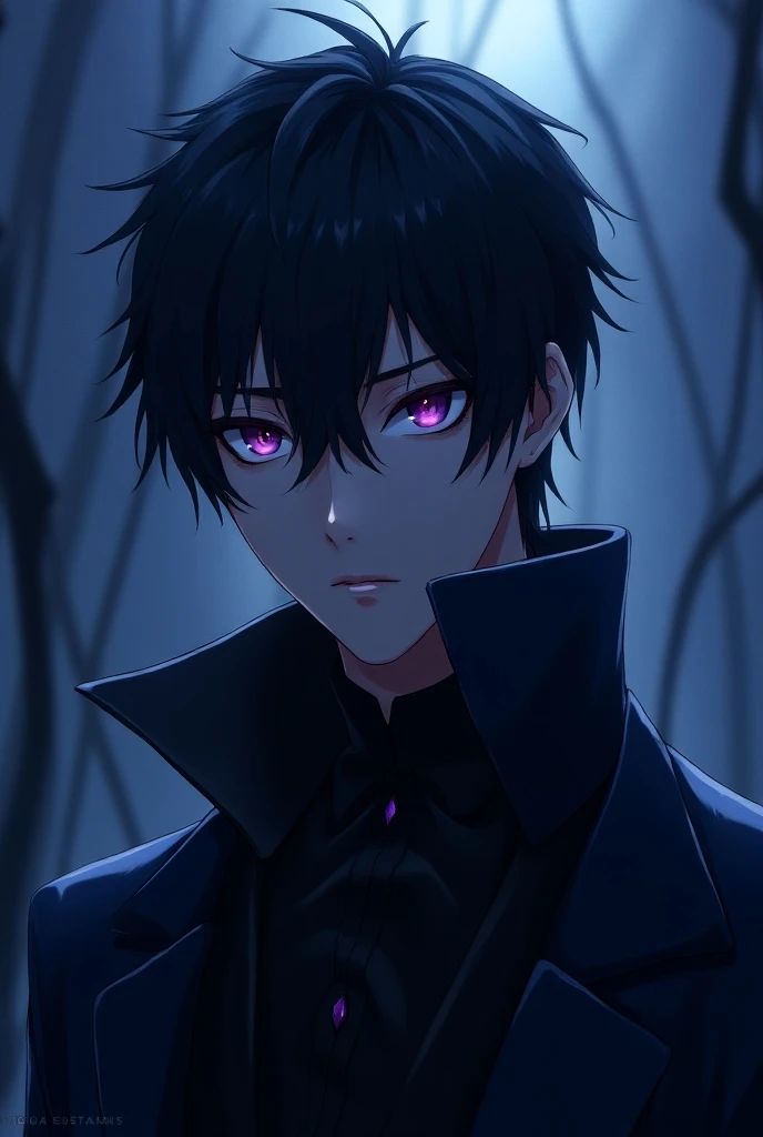 Male dark purple eyed blue black anime character