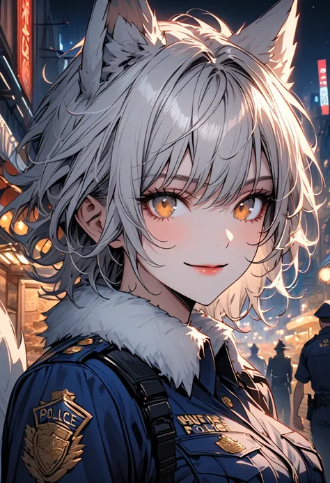 solo, female, wolf girl, close up, muscular, wolf ears, short hair, messy hair, grey hair, golden eyes, wolf tail, police uniform, police, large breasts, white fur collar, relaxed, smiling, after work, food stand, city, night, fantasy