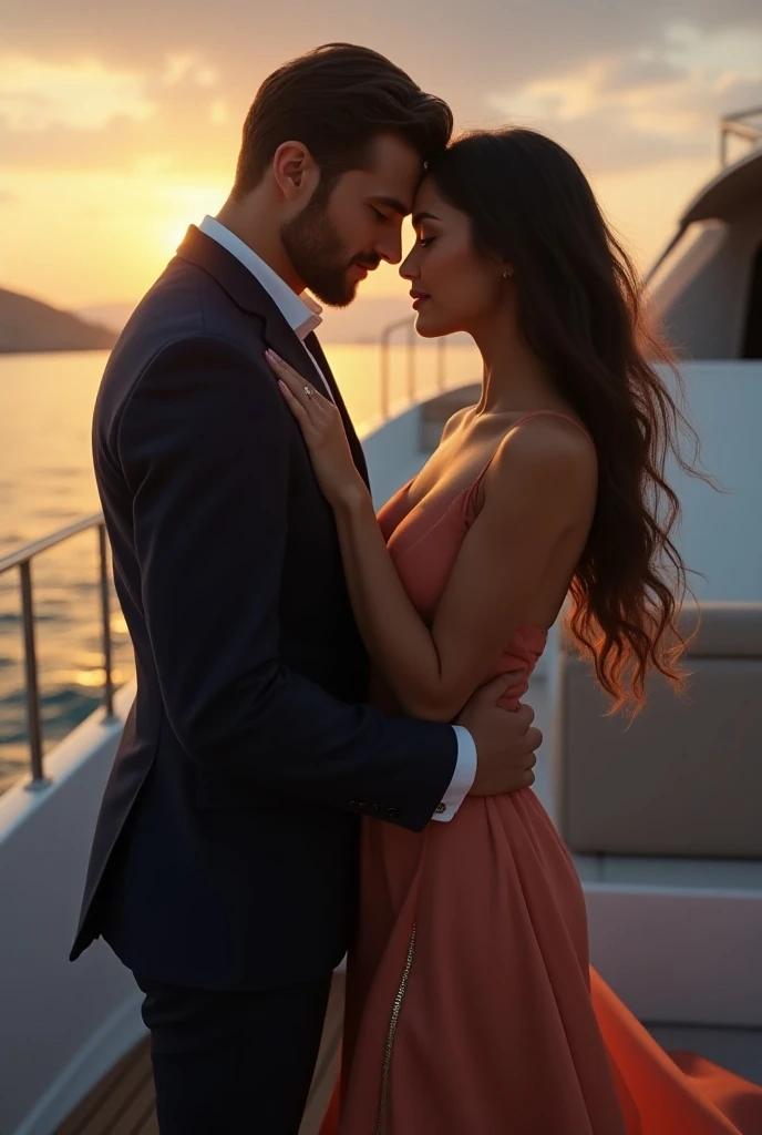  A handsome mans fingers gently climb the zipper of the beautiful womens dress as his eyes cross with playful tension, The yacht is elegant she turns her back on him