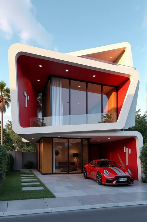 two-story house, contemporary style,  inspired by Zaha Hadids projects , For the family of superheroes  "The Incredibles".  The house cannot be made of wood and must contain in its construction and decoration,  elements that refer to the symbol of the supe...