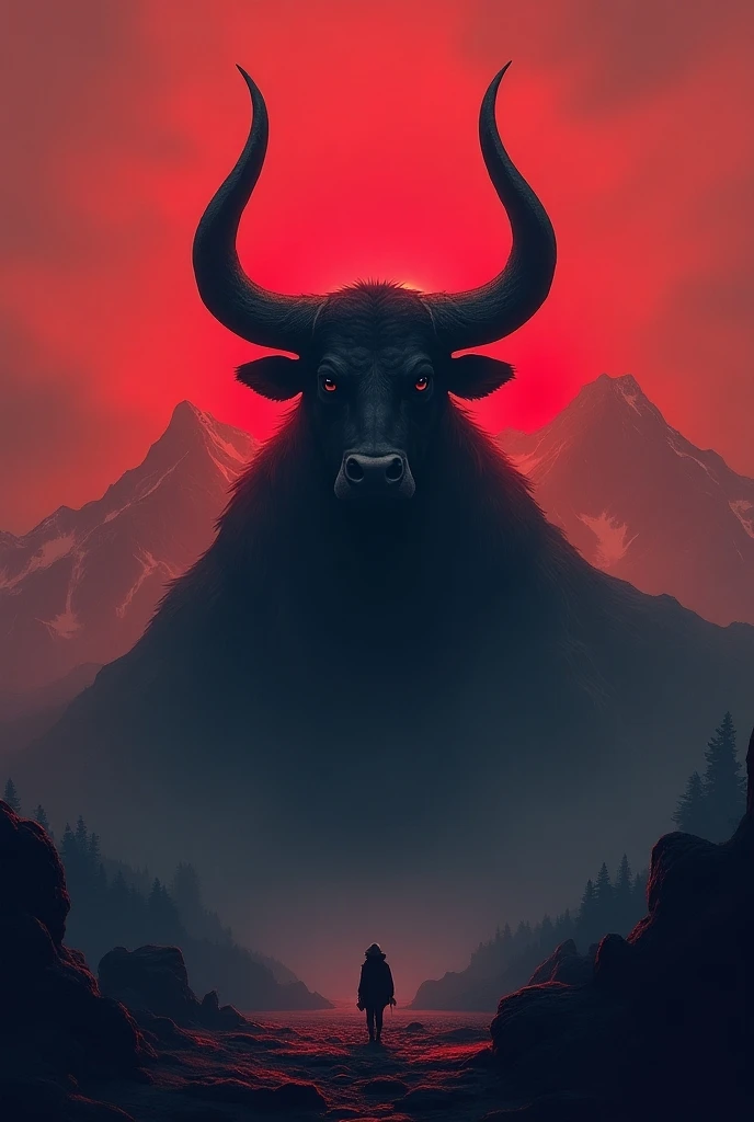 Mountain with bull horns, black and red colors, Behind silhouettes of mountains and adventures