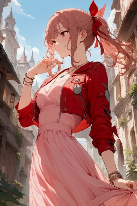 (((masterpiece))),(((best quality))),((ultra-detailed)),(illustration),((an extremely delicate and beautiful)),(detailed background), ((clothed)), outdoors, solo, (1girl), ((She wears red jacket,cropped jacket, short jacket,open jacket, necklace, bracelet,...