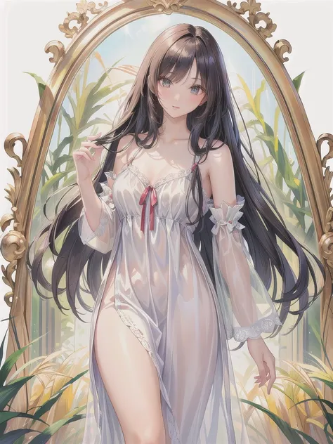 masterpiece, best quality, ultra-detailed, realistic image of a tall asian woman with long hair wearing a sexy, thin, mirror-lik...