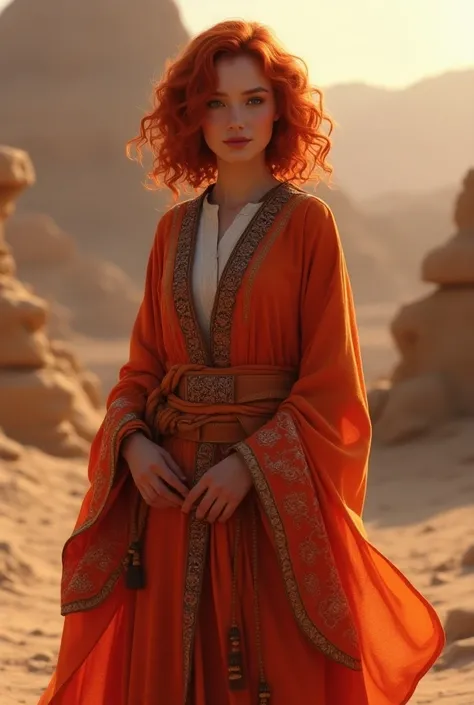  She has curled hair up to her red shoulder, Shes dressed as Kandoora ,Shes in Arabia 