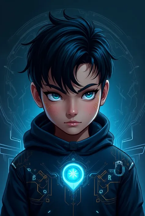 I want a logo which has a tribal boy and his eyes are blue combination and his hair is black shine and  boy should have advanced technology on his background or MB in capital format should be written on his front or it should have and 20 year old boy 