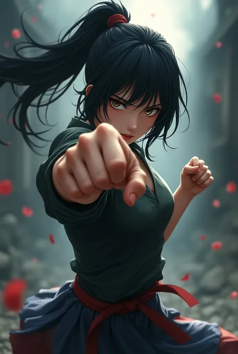 Anime girl, fighting stance, one hand reaching towards camera, one hand ready to throw a punch, 