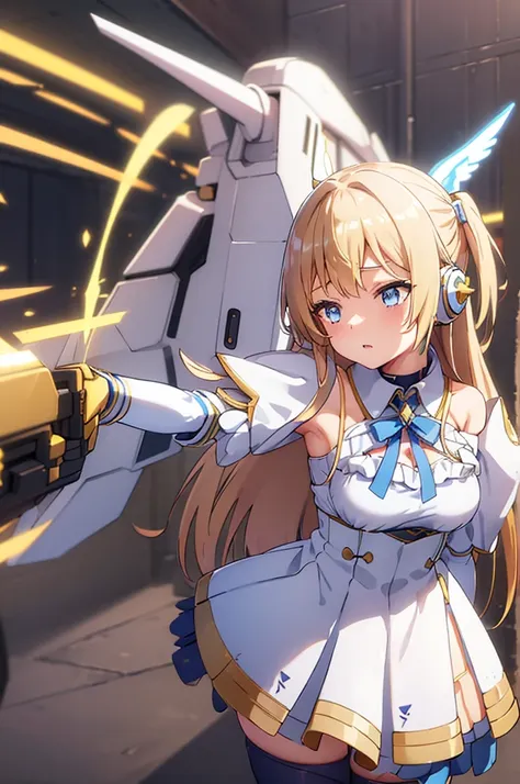 mecha wing、Thighs、tights、chest、Golden Hair、Light blue ribbon、 1 girl、 solo girl 、income、headphone、idol dress、Rin々Funny face、Holding a rifle、white lance、mecha girl