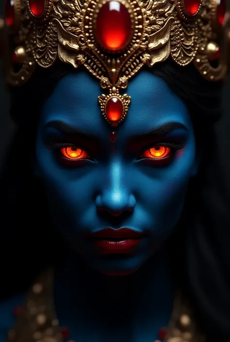 close-up image of Goddess Kali with dark blue skin, glowing red eyes, and blood-red lips. She wears a richly detailed golden crown adorned with red gems, along with golden jewelry. Her expression is a mix of calm and power, with a divine glow around her fa...