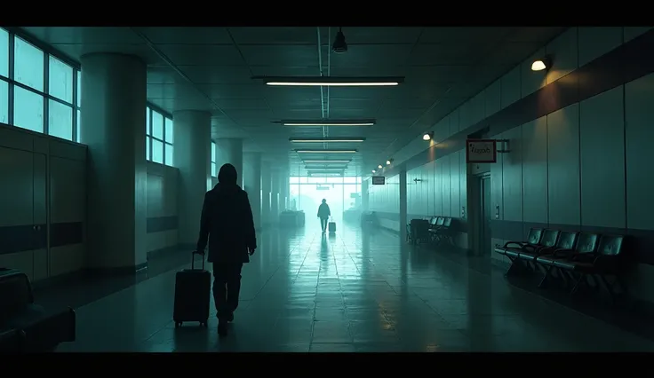 The airport’s dark, empty corridors with distant echoing footsteps