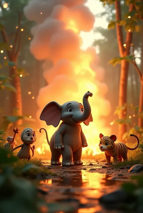 In cinematic 3d cartoon style_Here is the image inspired by the story of Moti, the brave little elephant, and his friends saving the jungle from a fire. Let me know if you would like any adjustments or additions!