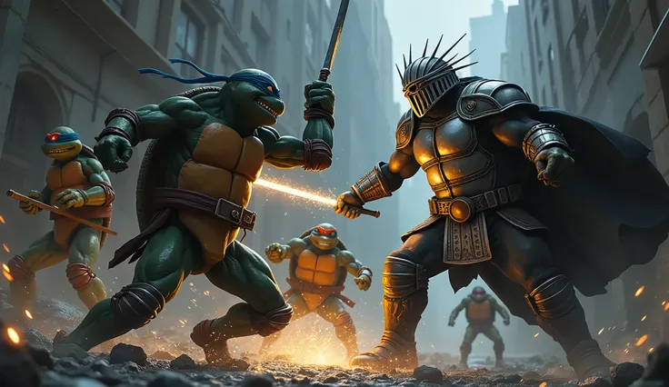 A high-energy battle scene where the turtles fight Shredder in a dark, gritty alley. Leonardo and Shredder are locked in an intense duel, their weapons clashing with sparks flying. Raphael is engaging with another enemy, while Donatello uses his bo staff t...