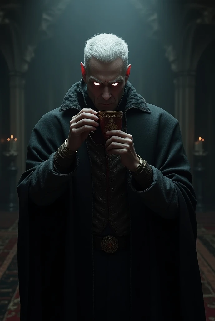 King with short white hair,  white eyes and drinking blood in a cup