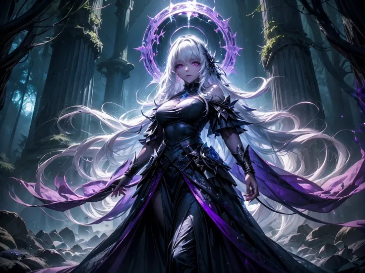 a mysterious witch with long white hair and glowing eyes, wearing a torn, dark purple gown. she stands provocatively, one hand e...