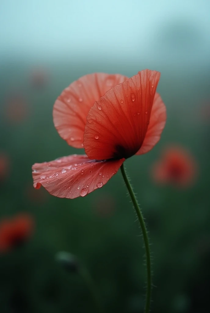 A remarkable, eye-catching macro close-up of a single, rain-soaked poppy petal suspended in the misty sky on a rainy day. The delicate petals seem to shimmer with every droplet of water, while the blurred background reveals a foggy landscape with a small f...