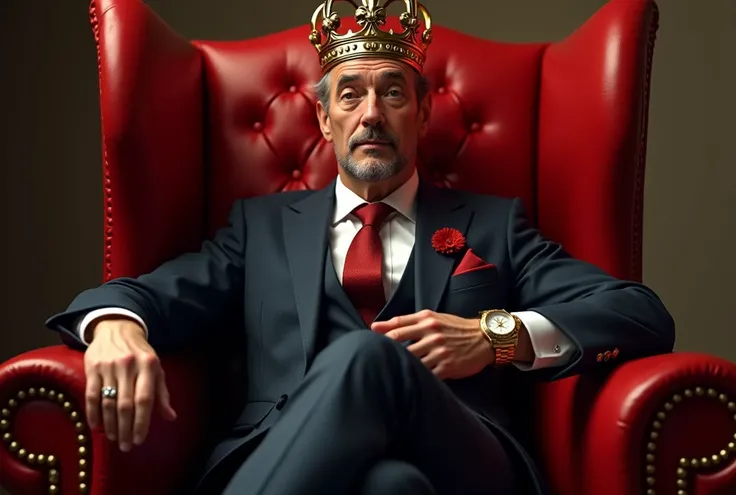 A person is sitting on a red chair He has a crown on his head He has a Rolex watch in his hand He has the look of a rich man He is wearing a rich suit