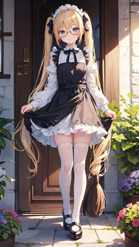 realistic, high resolution, Medieval castle garden、 Colorful Flowers,squirt、 girl victory, 1girl, the girl is young, (the girl is ten years old), standing, golden hair, long twintail, , Maid uniform, Black long dress, White frilly apron、 shoulders and ches...