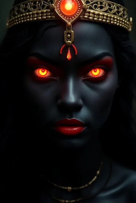 "A close-up image of Goddess Kali with Black skin, glowing red eyes, and blood-red lips. She wears a simple golden crown with minimal jewelry, emphasizing her powerful and divine expression. The focus is on her fierce eyes and strong facial features, with ...