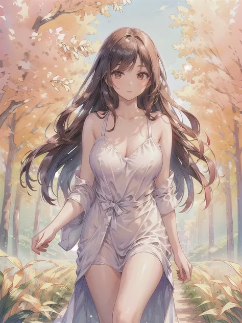 Masterpiece, best quality, ultra-detailed, Realistic image of a tall Asian woman with long hair wearing a sexy, thin, mirror-like nightgown. Wandering into a corn field,