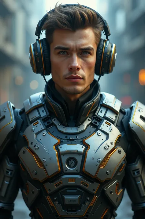 A young, handsome man wearing headphones and a mech suit, detailed facial features, striking pose, hyper-realistic, cinematic lighting, award-winning CGI, intricate mechanical details, futuristic, dramatic atmosphere, digital art, masterpiece security 