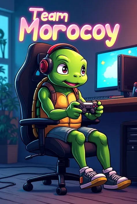 Turtle gamers type cartoon from Call Of Dutty .  With a video game controller and headphones sitting on a chair,  that the turtle is allowed to play and that you have letters say Team Morrocoy 