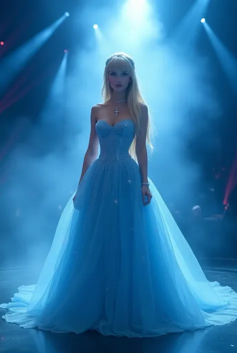 Disney Cinderella princess, bright blue eyes, straight long blonde hair with bangs. 
Big beautiful breasts, hourglass curvy figure. Long flowy baby blue  ethereal dress with sparkles all over it. wearing a silver necklace with a cross pendant. She is on st...