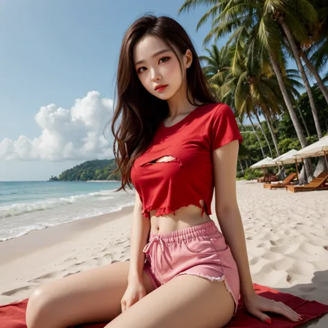 26yo Vietnamese woman, (wearing a torn red t-shirt:1.28), pink shorts, sunbathing on Da Nang beach, coconut trees and tall buildings in the background