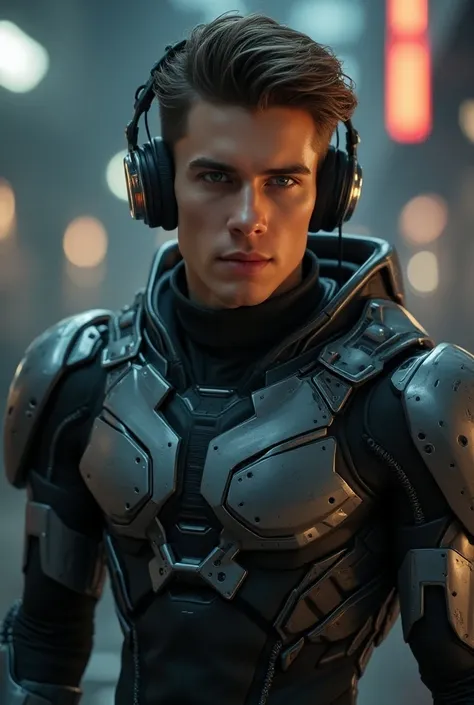 A young, handsome man wearing headphones and a mech suit, detailed facial features, striking pose, hyper-realistic, cinematic lighting, award-winning CGI, intricate mechanical details, futuristic, dramatic atmosphere, digital art, masterpiece security 