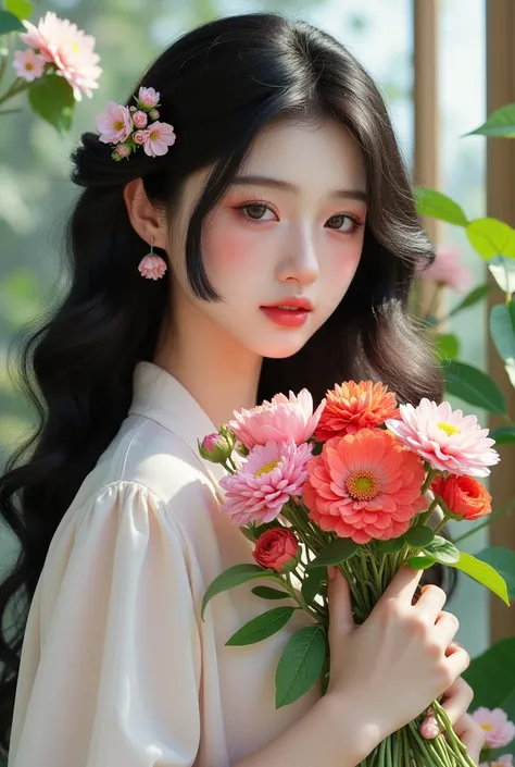 beautiful girl holding flowers