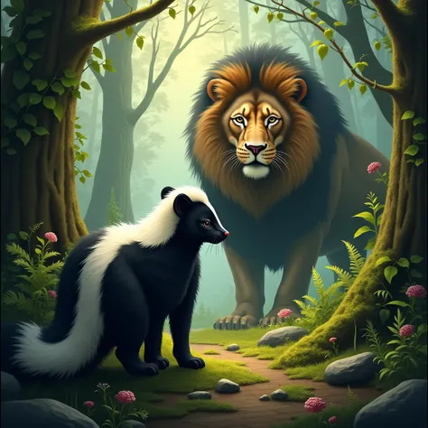 I want a skunk and a lion watching her behind her in the forest image full