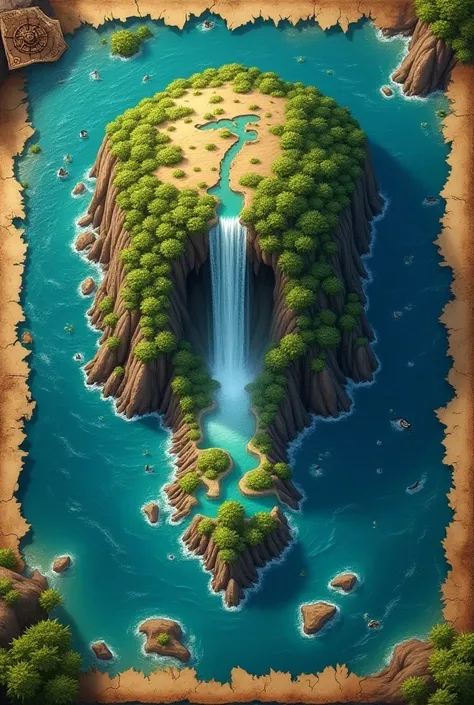 Map of the skull island, the shape of the island in the form of a waterfall, an island of treasures