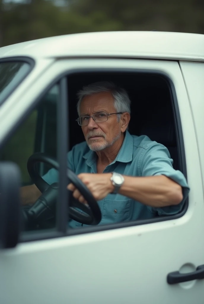 Mr. Delgado gray-haired ,  short hair, 65 years old, with glasses,  driving a white cargo van at full speed