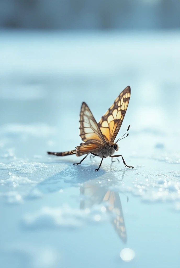 A butterfly fallen on its back on an ice rink 