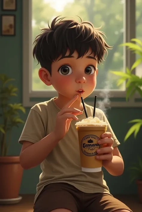 a young boy is drinking iced coffee with the TC logo on his cup and the words " TEMANN COFFFEE ". was sitting relaxed holding a cigarette