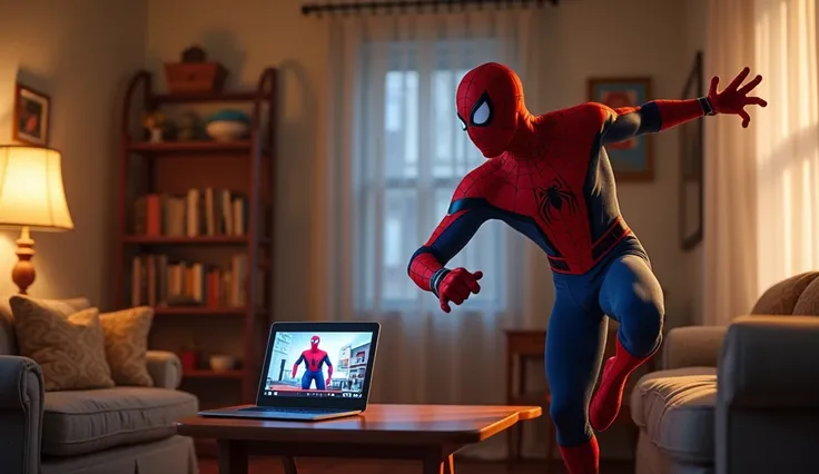 Spider-Man is dancing in a small house and he has a laptop on the table. A video of Spider-Man is playing on YouTube which has gone viral and is getting a lot of likes.