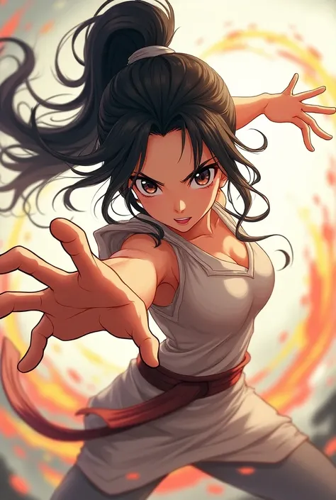 Anime girl, fighting stance, left hand reaching towards viewer as a punch, right hand ready to throw a punch, 