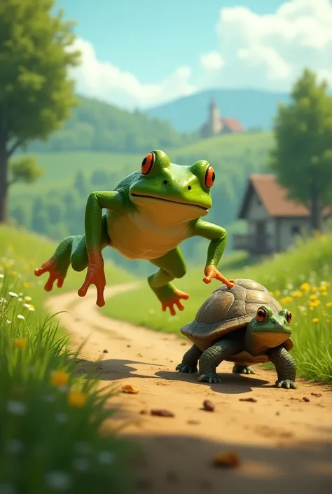 The frog, with its long legs fully extended, is seen leaping forward in huge jumps, far ahead of the turtle. Its sleek green body and shiny skin gleam in the sunlight as it rushes down the path, leaving the turtle far behind. The turtle, with its heavy, te...