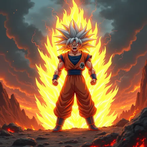 Goku,  in his Super Saiyan form 8 ,  is a terrifying and magnificent sight in the setting of Inferno 3 ,  where Flames dance and shadows wrivel into one chaotic and desolate environment .  His hair is an explosion of colors ,  long and sharp and big and hi...