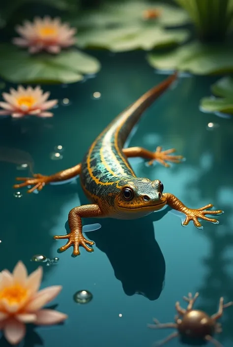 A shiny newt swimming in a clear pond, tiny bubbles floating around, with water lilies and dragonflies resting on the surface.