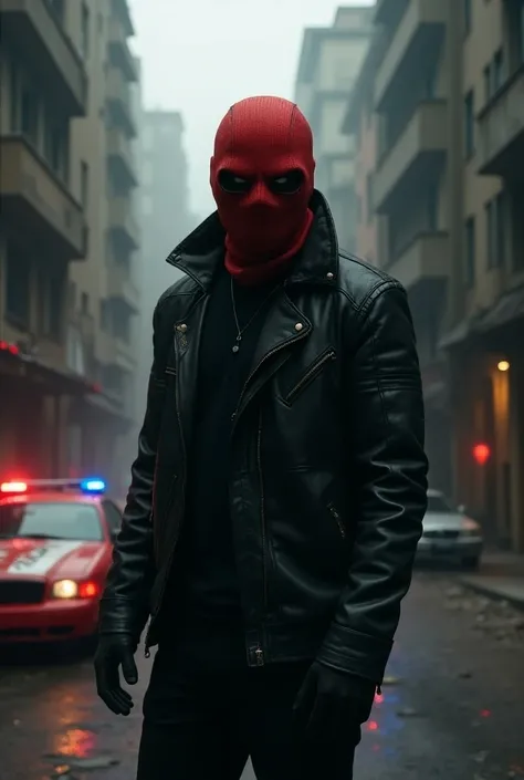 A person of the gang wearing red mask with black clothes saw the cars of police approching towards them and then he infoming the whole gang