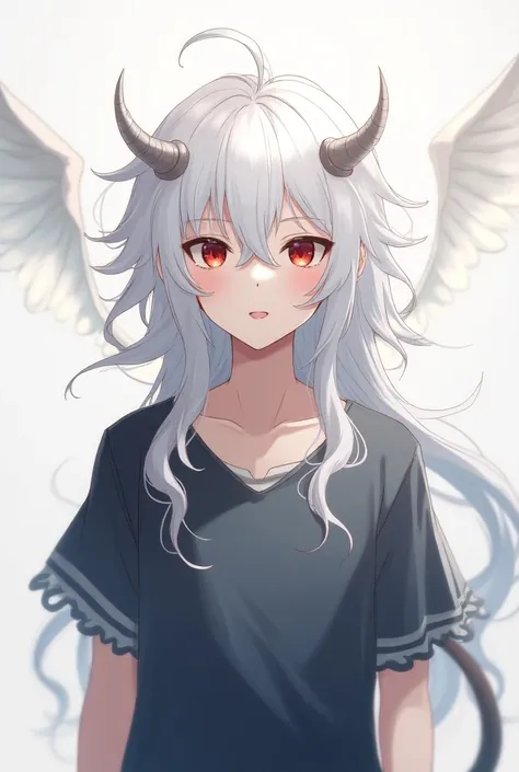 gender: Malé
20 years old,  long white hair to loose with small horns growing on the head and white wings growing behind the ears, red-black eyes  ,Anime character, has a tail