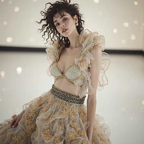 supermodel with detailed long curly frizzy flowy hair, wearing golden (translucent and intricately embroidered), wearing weird future fashion,  luxurious and intricate golden accents, cinematography, intricately detailed, crafted, meticulous, magnificent, ...