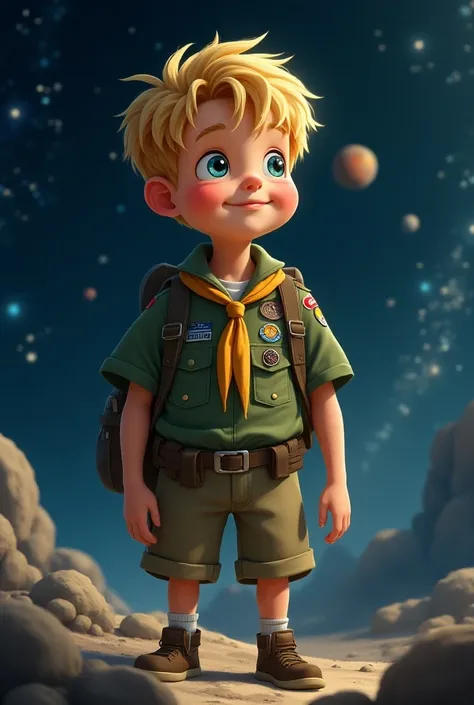 Blonde space boy in Boy Scout clothing 