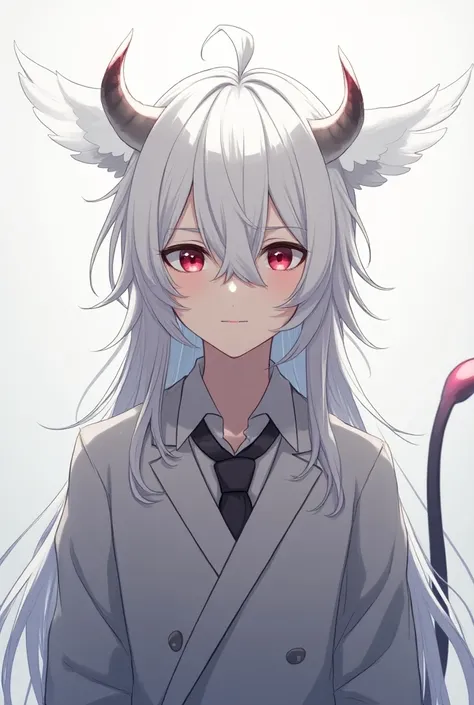 gender: Malé
20 years old, long white hair to loose with small horns growing on the head and white wings behind the ears, red-black eyes  ,Anime character, has a tail