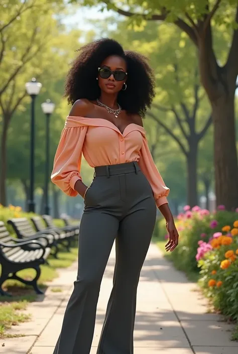 A curvaceous Black woman in a fitted, off-shoulder blouse in pastel peach, paired with high-waisted flared pants in charcoal gray and black stilettos. She’s accessorized with a dainty necklace and oversized sunglasses. Her hair is styled in soft curls. The...