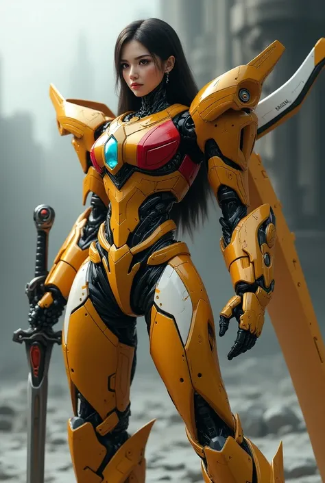 Create a 3D animated transforming robot with the Autobot symbol. Has a beautiful body and face like a robot and wields a sword. Yellow and red but mostly white, female.
